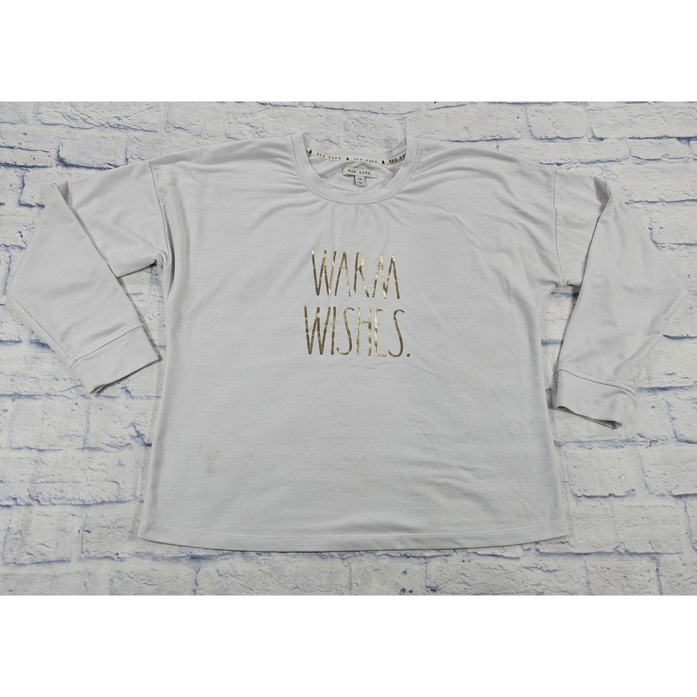 Rae Dunn Warm Wishes Top Womens Large Gray Gold Foil Long Sleeve Casual Graphic